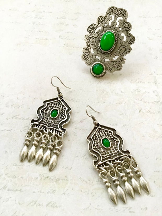 Set Boho zamac argintat & Jad verde