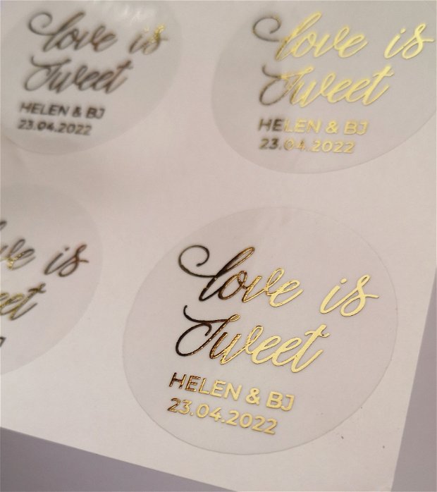 Etichete autoadezive transparente aurii pentru marturii, sticker invitatii, nunta sau botez