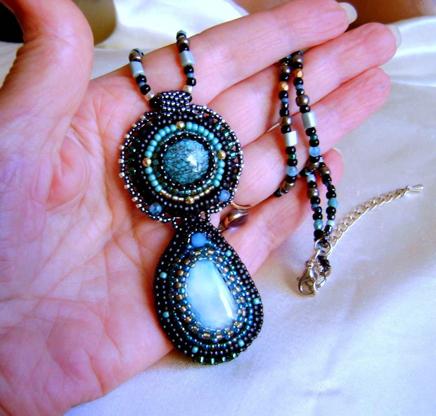 Pandantiv dublu cu pietre naturale Turcoaz African si Larimar, - pietre semipretioase ,argint 925 sau placate, antichitati recreate, bronzuri, margele de calitate, Toho,Miyuki,Delica