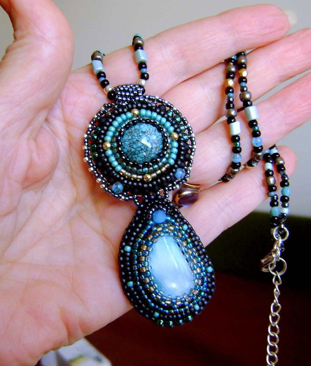 Pandantiv dublu cu pietre naturale Turcoaz African si Larimar, - pietre semipretioase ,argint 925 sau placate, antichitati recreate, bronzuri, margele de calitate, Toho,Miyuki,Delica
