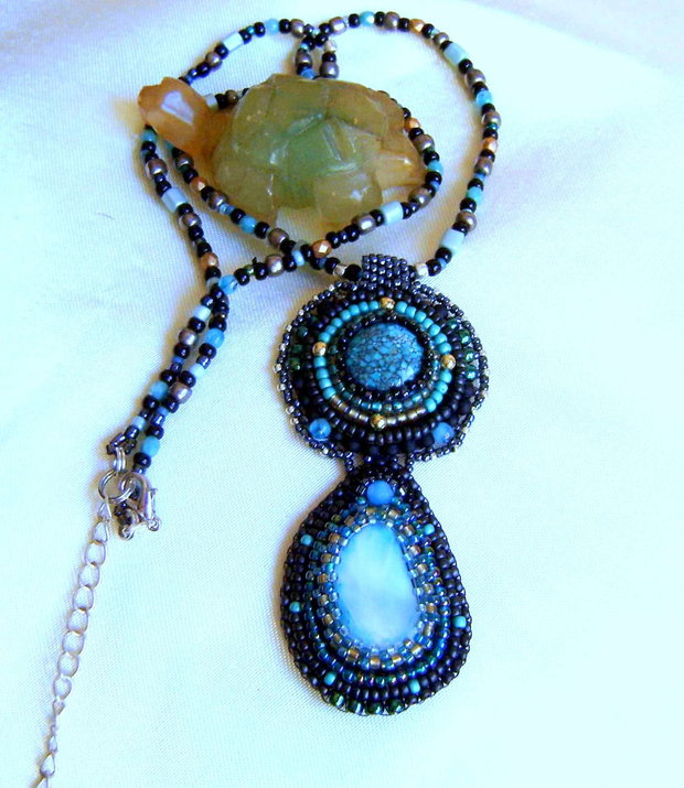 Pandantiv dublu cu pietre naturale Turcoaz African si Larimar, - pietre semipretioase ,argint 925 sau placate, antichitati recreate, bronzuri, margele de calitate, Toho,Miyuki,Delica
