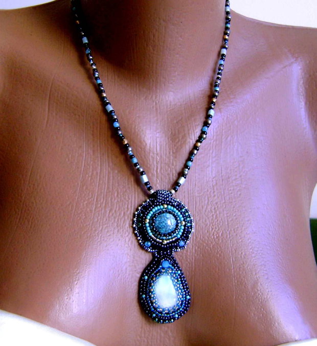 Pandantiv dublu cu pietre naturale Turcoaz African si Larimar, - pietre semipretioase ,argint 925 sau placate, antichitati recreate, bronzuri, margele de calitate, Toho,Miyuki,Delica