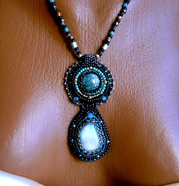 Pandantiv dublu cu pietre naturale Turcoaz African si Larimar, - pietre semipretioase ,argint 925 sau placate, antichitati recreate, bronzuri, margele de calitate, Toho,Miyuki,Delica