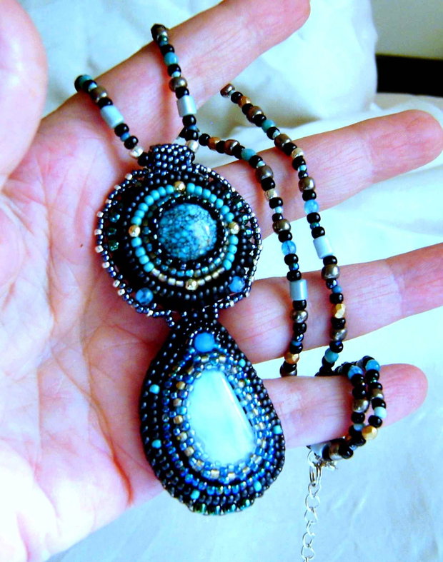 Pandantiv dublu cu pietre naturale Turcoaz African si Larimar, - pietre semipretioase ,argint 925 sau placate, antichitati recreate, bronzuri, margele de calitate, Toho,Miyuki,Delica