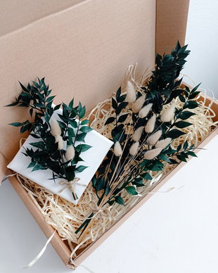 Cadou Crăciun-set Decorațiuni stil Scandinav cu buchet și tablou perete Flori Naturale,Ruscus Verde și Lagurus Natur
