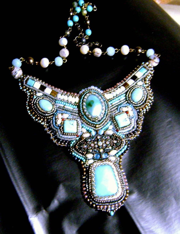 BlackFriday Today ! Turquoise in bronz / pietre semipretioase,jad fatetat,turcoaz fatetat, perle naturale, colier unic, vintage, broderie manuala, bijuterii pe viata