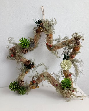 Stea Decorativă Crăciun pentru Ușă cu Licheni Naturali și Conuri Brad ,Verde-Natur,37 cm