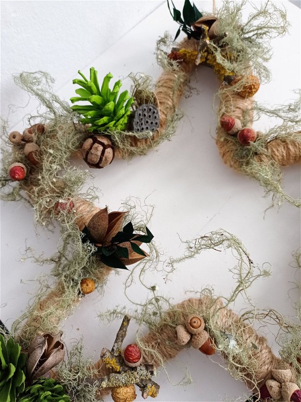 Stea Decorativă Crăciun pentru Ușă cu Licheni Naturali și Conuri Brad ,Verde-Natur,37 cm