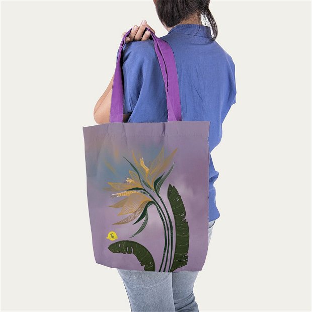 Geanta Handmade Tote Liner cu Captuseala, Botanic Floare Neptuniana, Multicolor, 45x37 cm