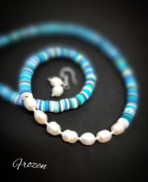 Set argint colier/cercei cu perle de cultură și heishi blue mix