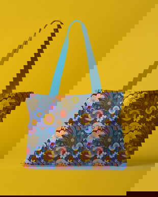 Geanta Handmade Tote Fatty Captusit, Mulewear, Botanic Camp cu Floarea Soarelui, Multicolor, 37x45 cm
