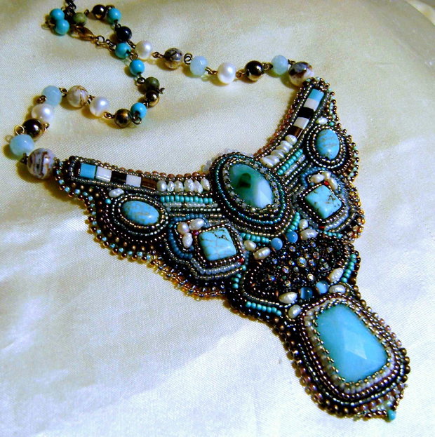 BlackFriday Today ! Turquoise in bronz / pietre semipretioase,jad fatetat,turcoaz fatetat, perle naturale, colier unic, vintage, broderie manuala, bijuterii pe viata
