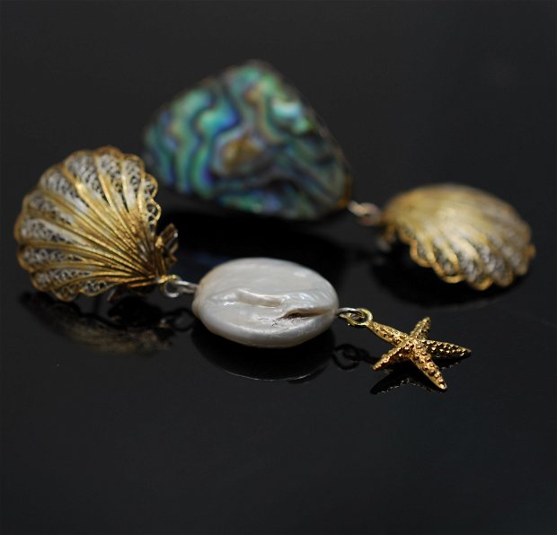 Cercei asimetrici, statement, din argint 925, perla si abalone