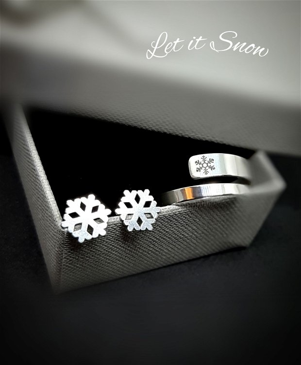 Set argint cu inel și cercei fulg de zăpadă LET IT SNOW