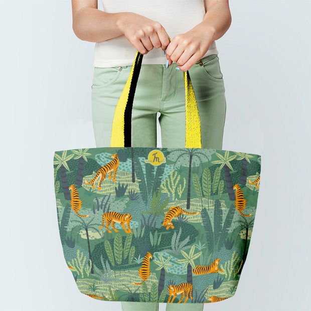 Geanta Handmade Tote Fatty Captusit, Mulewear, Botanic Plante Flori Tigru in Savana, Multicolor, 43x37 cm