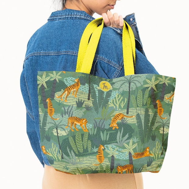 Geanta Handmade Tote Fatty Captusit, Mulewear, Botanic Plante Flori Tigru in Savana, Multicolor, 43x37 cm