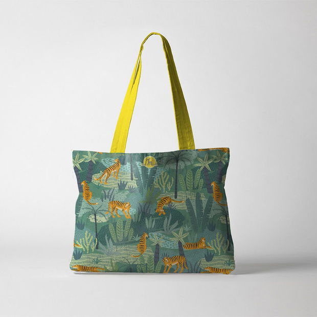 Geanta Handmade Tote Fatty Captusit, Mulewear, Botanic Plante Flori Tigru in Savana, Multicolor, 43x37 cm