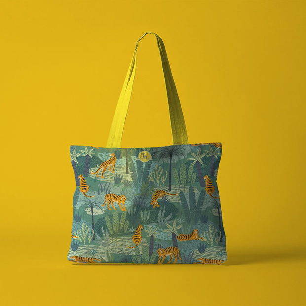 Geanta Handmade Tote Fatty Captusit, Mulewear, Botanic Plante Flori Tigru in Savana, Multicolor, 43x37 cm