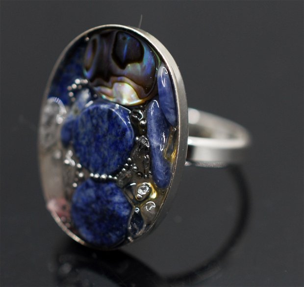Inel argint 925 cu mozaic din lapis lazuli, abalone, cuart