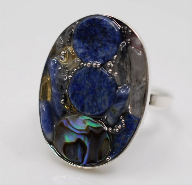 Inel argint 925 cu mozaic din lapis lazuli, abalone, cuart