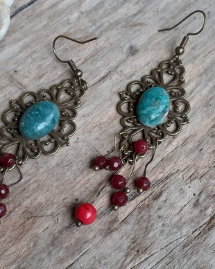 Cercei lungi - "Princess Story", bronz, jasp, coral, agate rosii