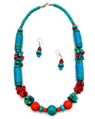 Set colier si cercei coral, turcoaz si howlite, 2558