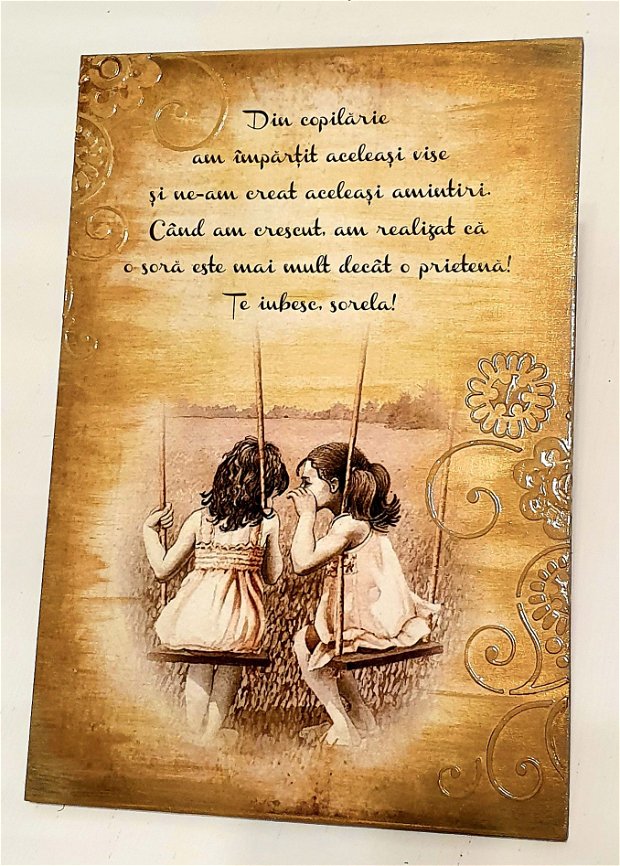 Tablou din lemn personalizat, cu mesaj pentru sora