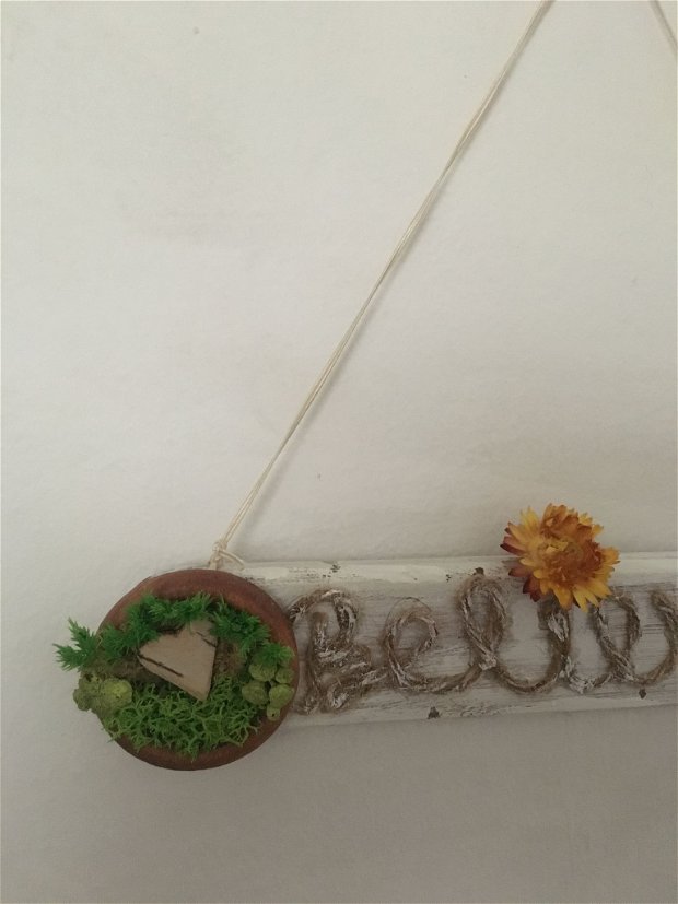 Decoratiune perete "Believe"-cu licheni, plante uscate, bufnita lemn cu inimioara mesteacan si flori uscate