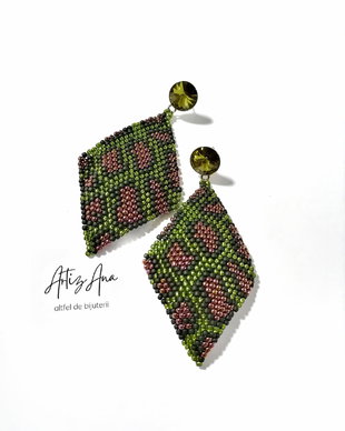 Cercei romb leopard, verde olive, cupru, negru