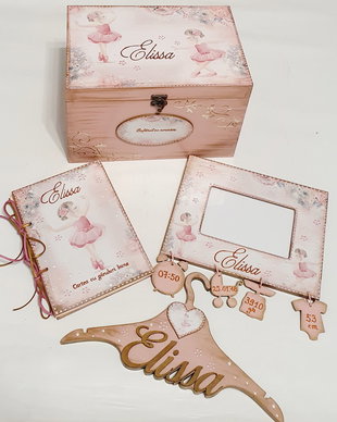 Cufar din lemn personalizat pentru pastrarea amintirilor / trusou botez, cu tema Balerina