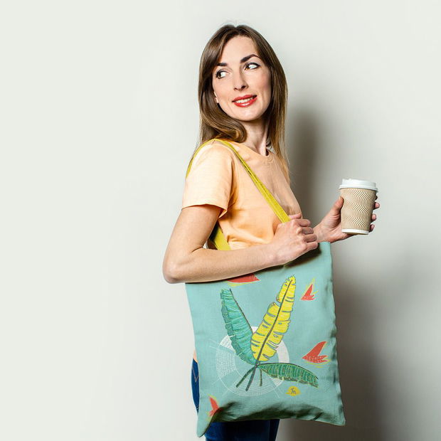 Geanta Handmade Tote Basic, Frunze de Bananier, Multicolor, 43x37 cm