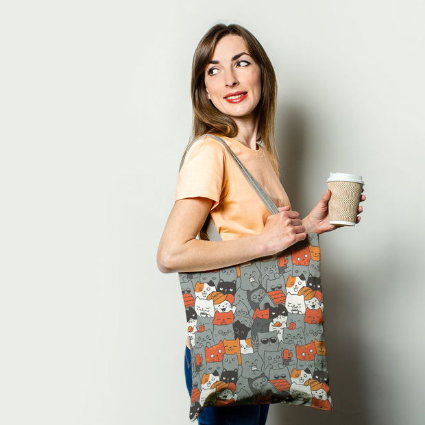 Geanta Handmade Tote Basic, Duminica cu Pisici, Multicolor, 43x37 cm