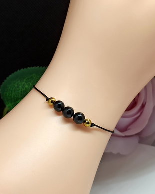 Bratara cu snur, reglabila, cu pietre semipretioase, onix si hematit auriu/Bratara fina, delicata, minimalista pentru barbati si femei