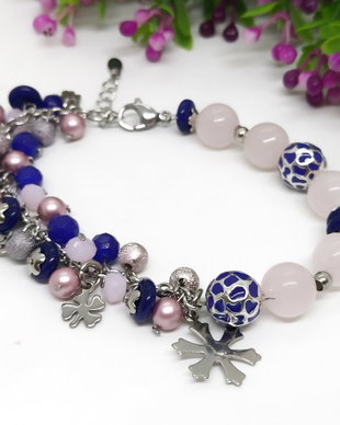 Bratara charm inox /perle swarovski,jad si cuart