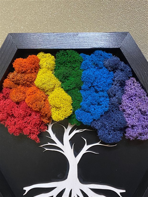 Rama hexagon din lemn cu copac multicolor din licheni