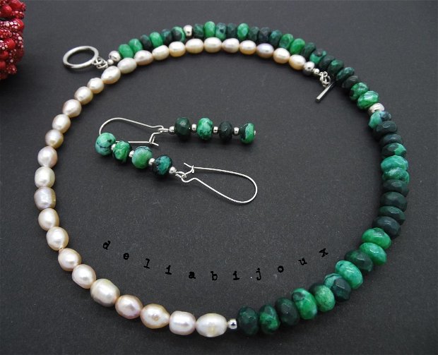 Set de bijuterii handmade unicat agate si perle (cod571)