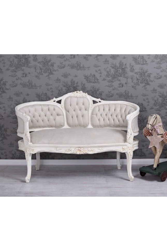 Sofa din lemn masiv alb cu tapiterie grej