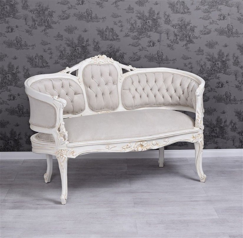 Sofa din lemn masiv alb cu tapiterie grej