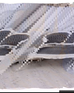 Sofa din lemn masiv alb cu tapiterie gri soarece