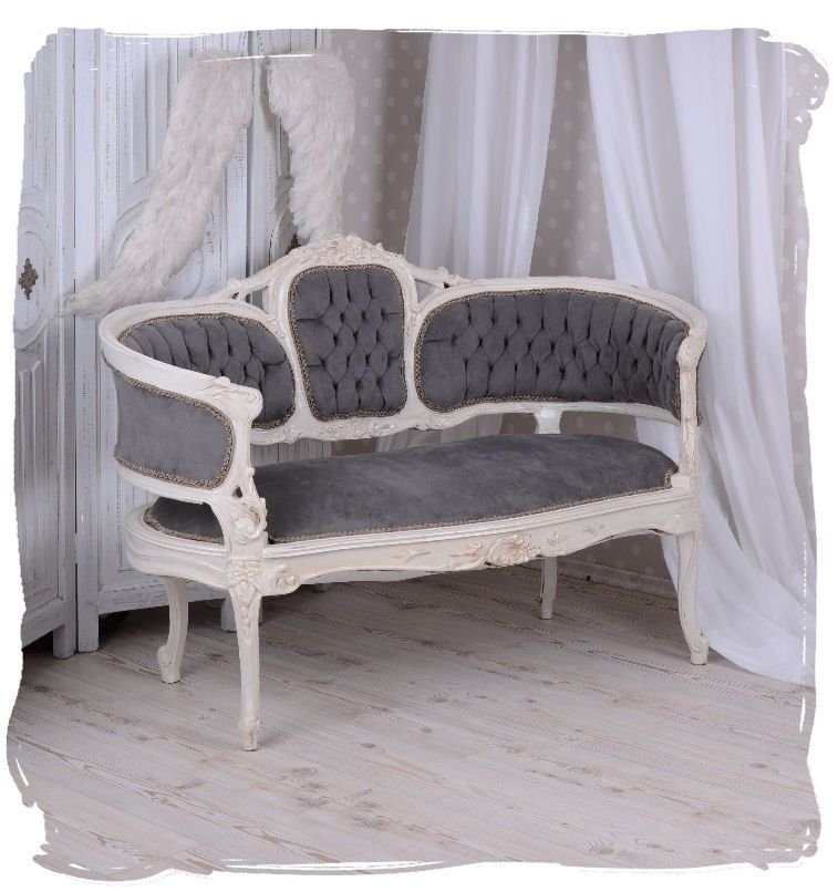 Sofa din lemn masiv alb cu tapiterie gri soarece