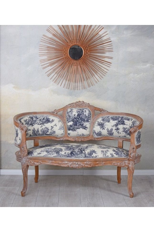 Sofa din lemn masiv mahon cu tapiterie alb cu albastru