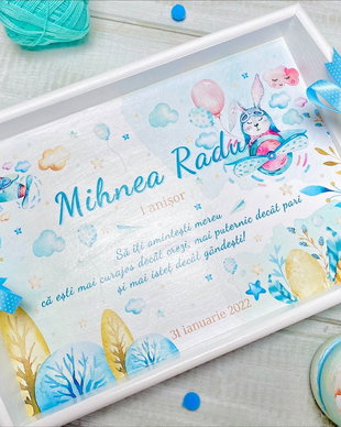 Set aniversar personalizat 1 anisor - Bunny in the sky - Tavita mot si accesorii