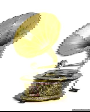 Gramofon rotund cu decoratiuni metalice aurii