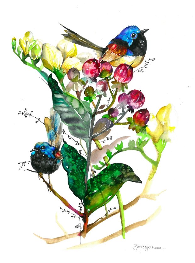 Spring is coming - Pictura originala in acuarela - Birds Collection