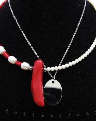 Colier handmade unicat coral, perle, otel inoxidabil (cod577)