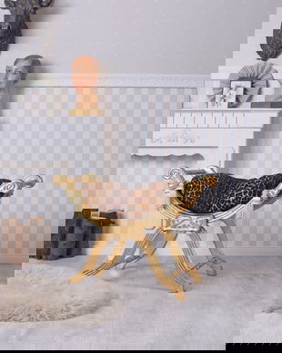 Scaunel turcesc din lemn masiv auriu cu tapiterie leopard