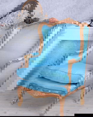 Fotoliu din lemn masiv auriu cu tapiterie bleu