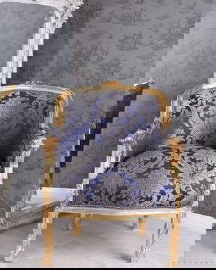 Fotoliu din lemn masiv auriu cu tapiterie albastra