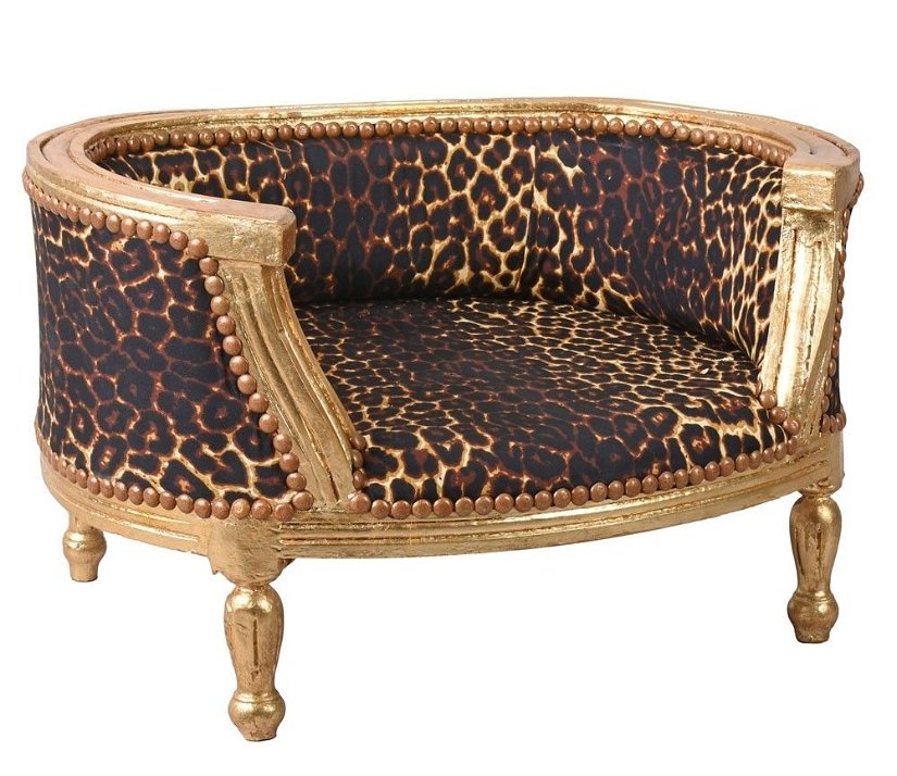 Canapea pentru caine din lemn masiv auriu cu tapiterie leopard