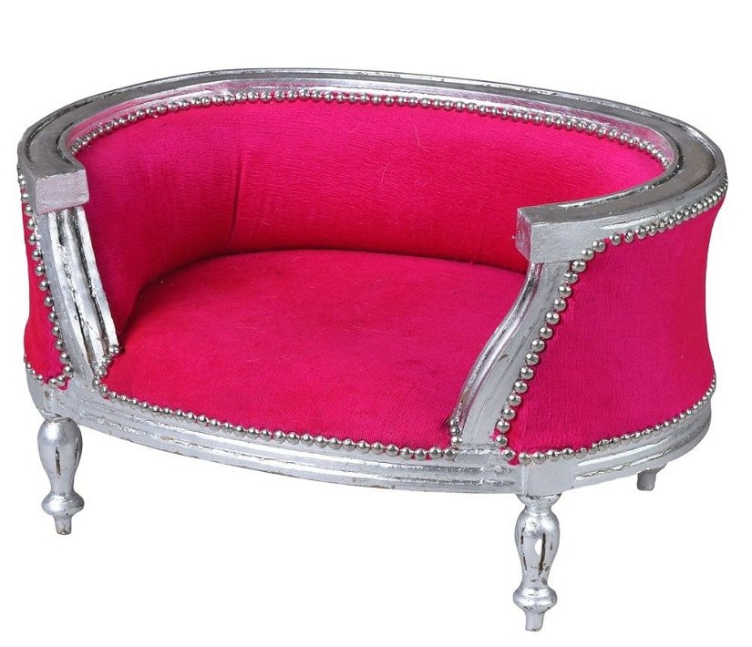 Canapea pentru caine din lemn masiv argintiu cu tapiterie roz